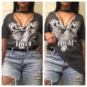 Grey Vintage Style Graphic Tee with V-cutout